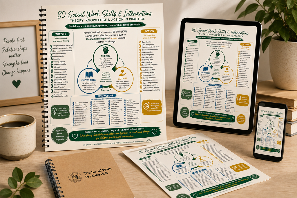 80 Skills of Social Work professional practice visual guide