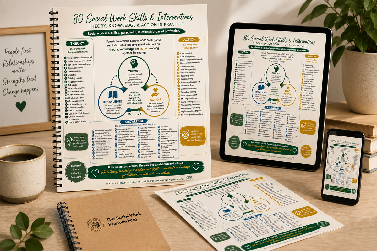 80 Skills of Social Work professional practice visual guide
