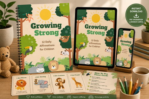 Growing Strong: Daily Affirmation Cards for Kids, featuring a workbook and affirmation cards for children.