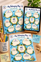 My Belonging Map printables on a desk, showcasing creative worksheets for children to explore belonging and identity.
