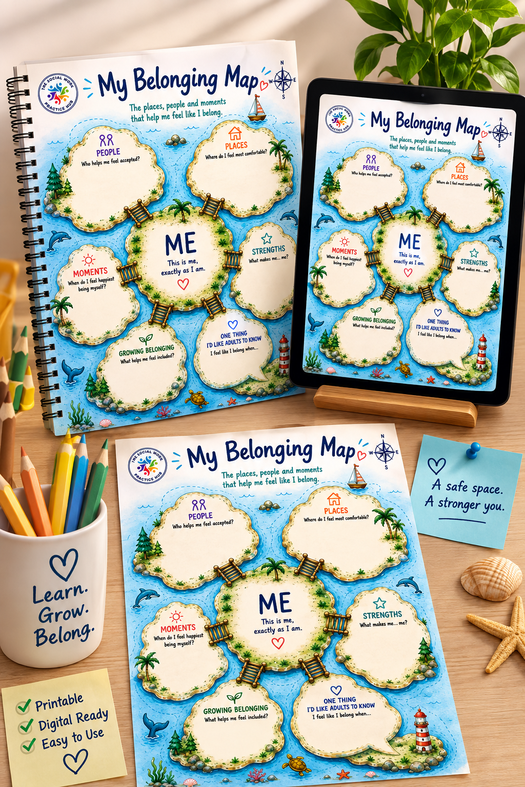 My Belonging Map printables on a desk, showcasing creative worksheets for children to explore belonging and identity.