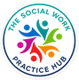 A circular logo sticker for 'The Social Work Practice Hub' featuring a central cluster of colorful stylized human figures in blue, teal, green, purple, red, and orange, with dark blue text on a white background.